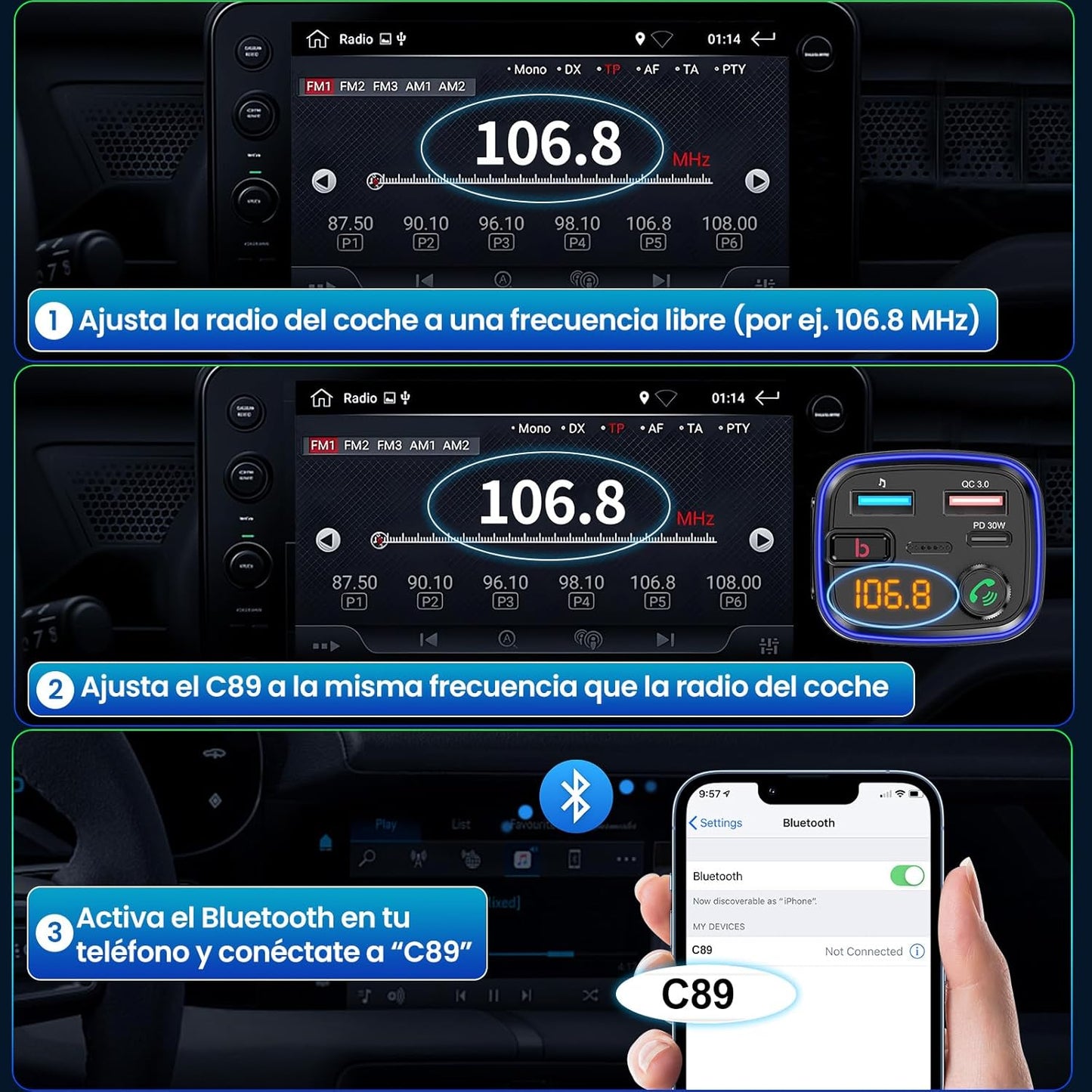 Transmisor FM Bluetooth C89 para Coche – Carga Rápida USB-C/USB-A, Manos Libres y Reproducción de Música