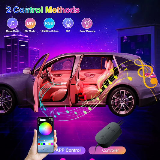 Luces LED Coche, LED Coche Interior USB, Con 16 Millones De Colores De DIY, Función De Memoria De Colores Y Modo Música, 4 En 1 Luz Ambiente Coche, Accesorios Coche Interior
