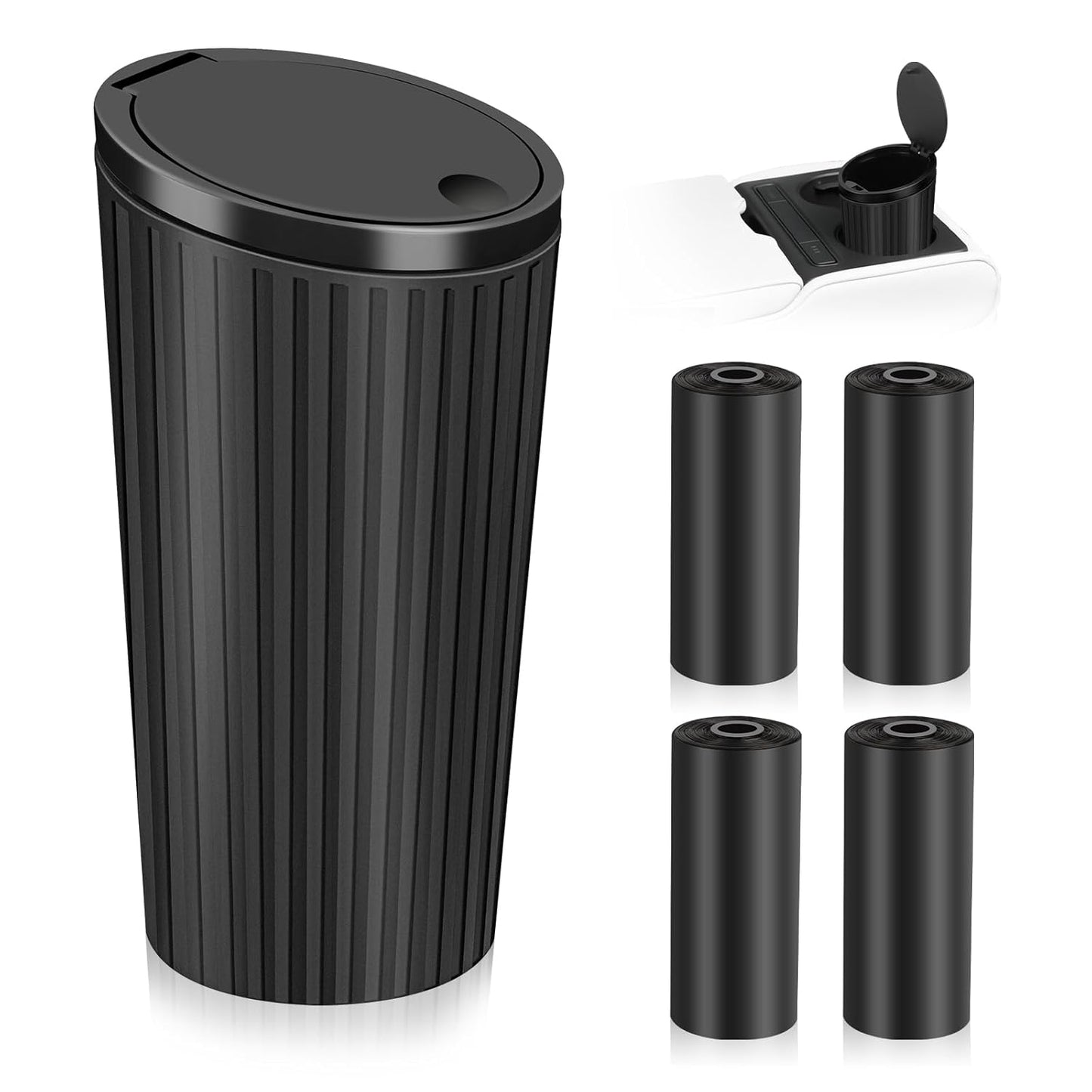 Bote De Basura Para Coche, Mini Cubo De Basura Con Tapa Negro Impermeable Papelera Portátil Con 4 Rollos De Bolsas De Basura