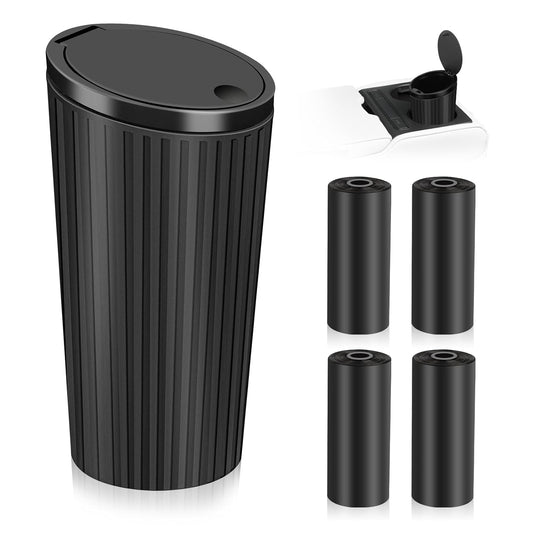 Bote De Basura Para Coche, Mini Cubo De Basura Con Tapa Negro Impermeable Papelera Portátil Con 4 Rollos De Bolsas De Basura