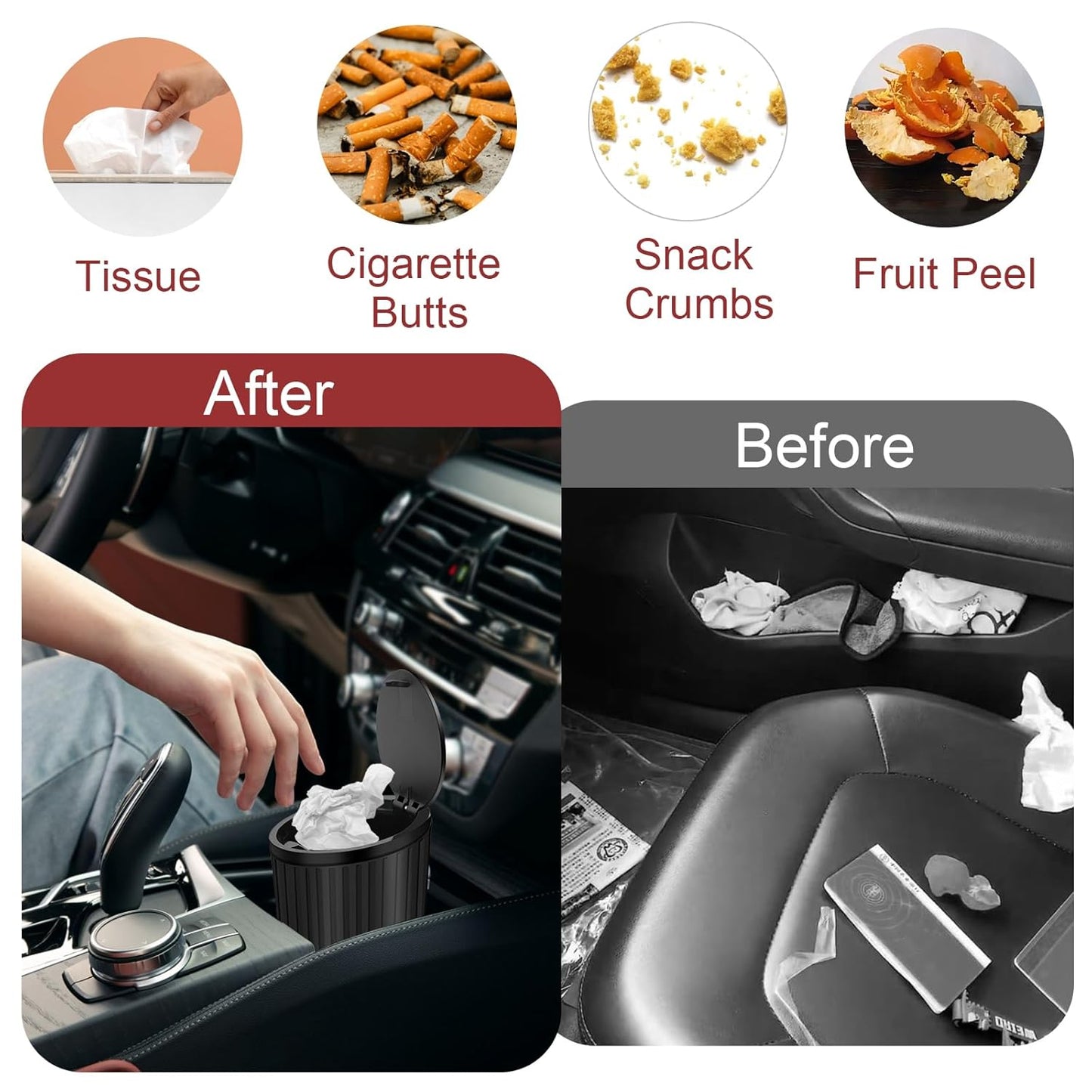 Bote De Basura Para Coche, Mini Cubo De Basura Con Tapa Negro Impermeable Papelera Portátil Con 4 Rollos De Bolsas De Basura