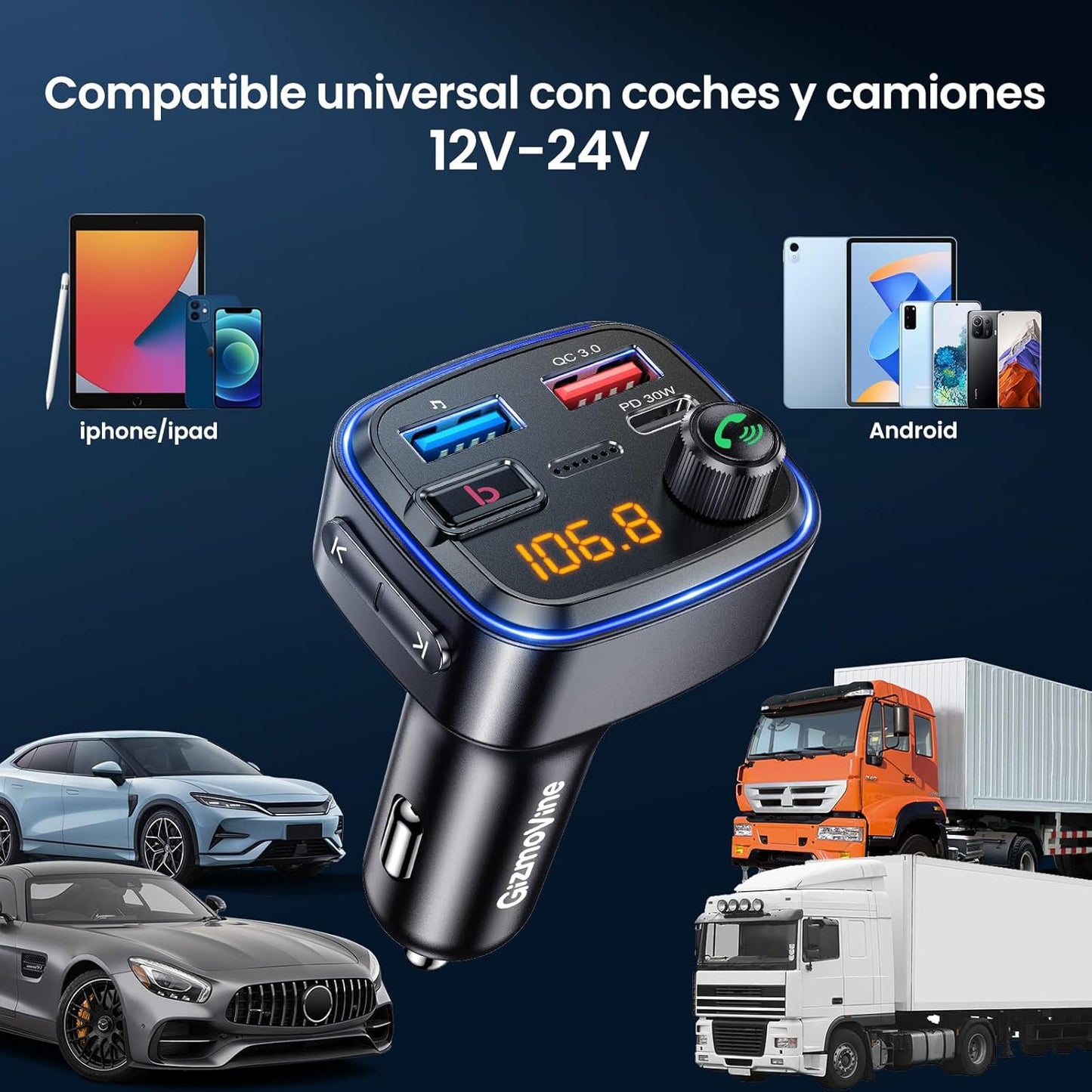 Transmisor FM Bluetooth C89 para Coche – Carga Rápida USB-C/USB-A, Manos Libres y Reproducción de Música