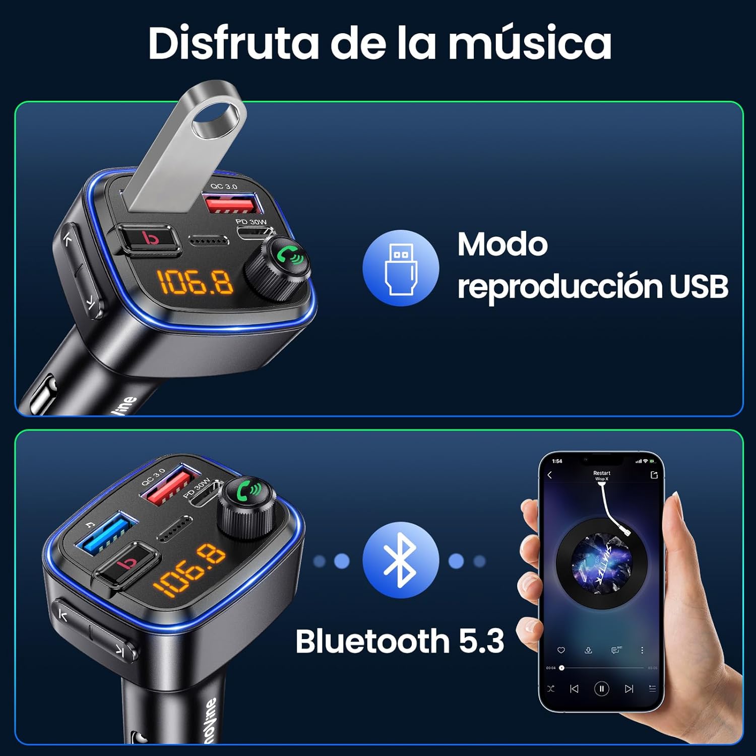 Transmisor FM Bluetooth C89 para Coche – Carga Rápida USB-C/USB-A, Manos Libres y Reproducción de Música