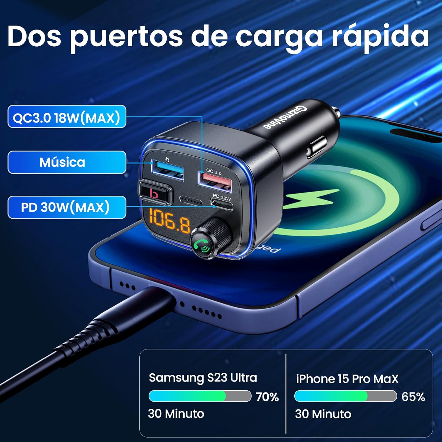 Transmisor FM Bluetooth C89 para Coche – Carga Rápida USB-C/USB-A, Manos Libres y Reproducción de Música