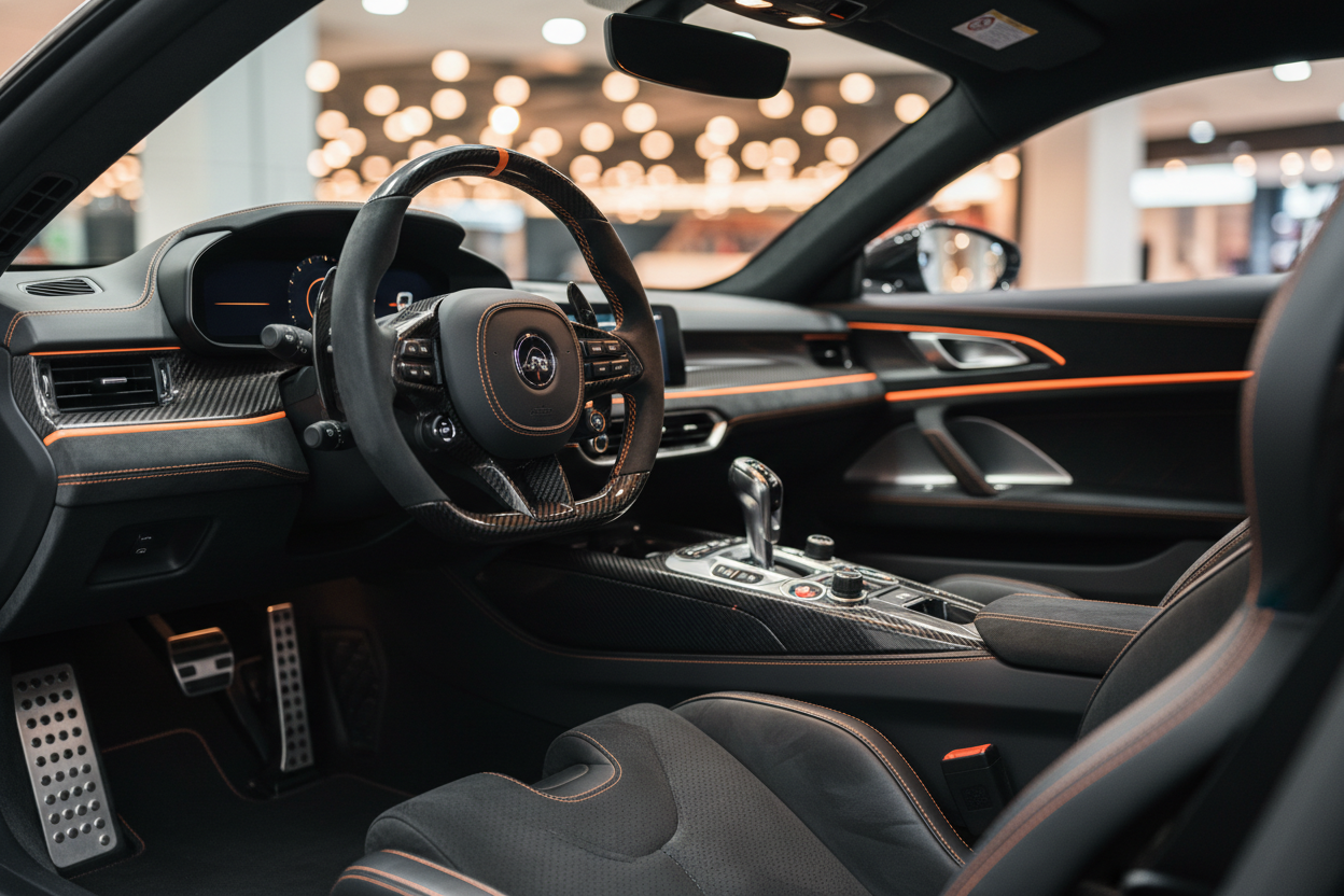 Visual: Asientos deportivos, volante en cuero, tablero iluminado por luz cálida anaranjada. Fondo desenfocado tipo showroom.

Detalle de producto: Destacar palanca de cambios, pedales y botones de control con iluminación suave. tuning